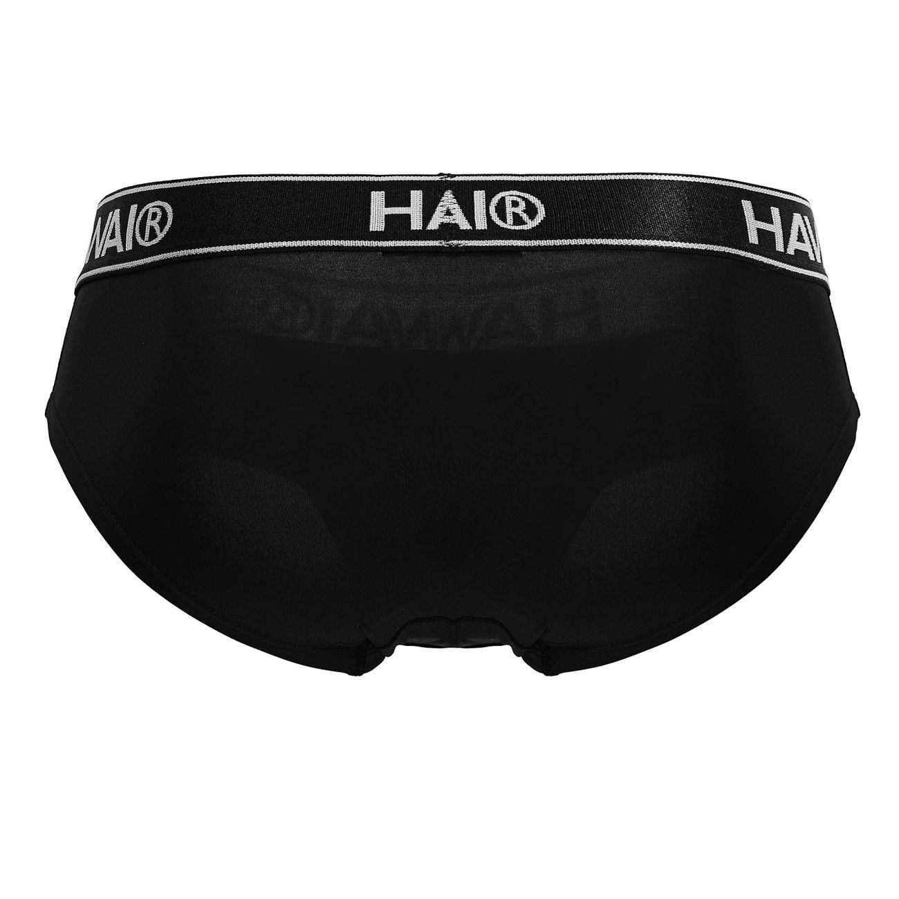 Black hai brand microfiber briefs in black with a white logo band shown from the front side