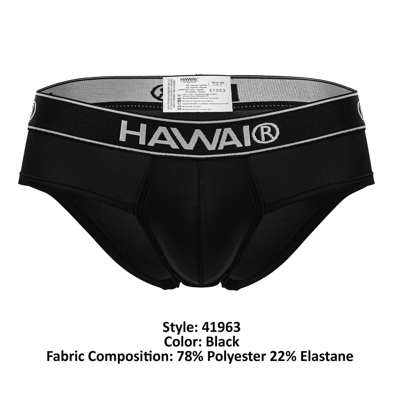Black Hawai 41963 microfiber briefs in black with a sleek form-fitting design and white stitching on the waistband