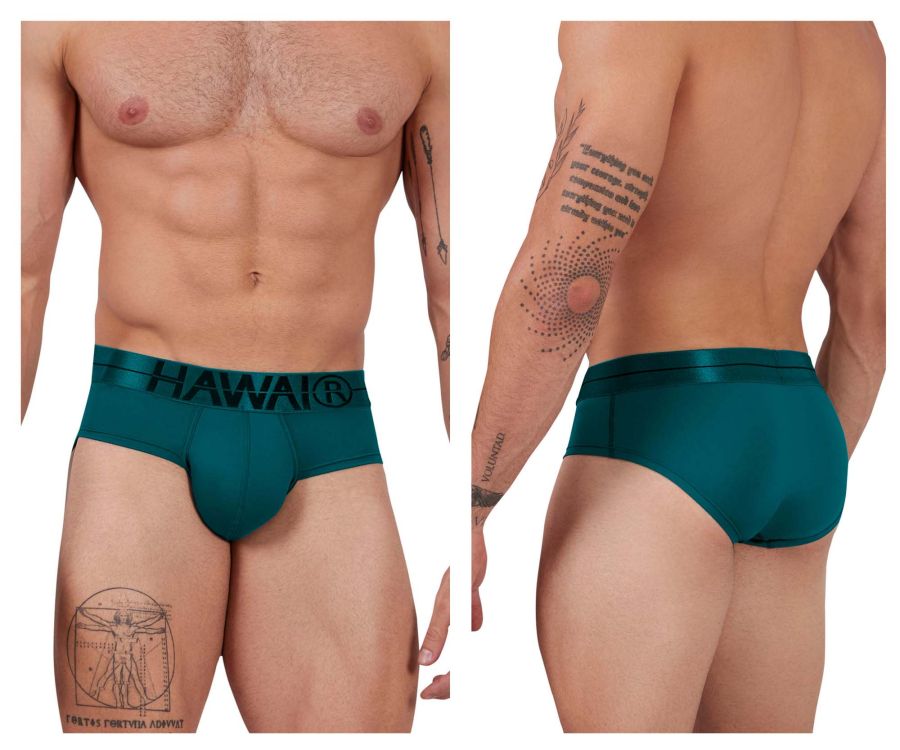 Teal microfiber men’s briefs with a black hawaii logo on the waistband in the color green model hawai 41963