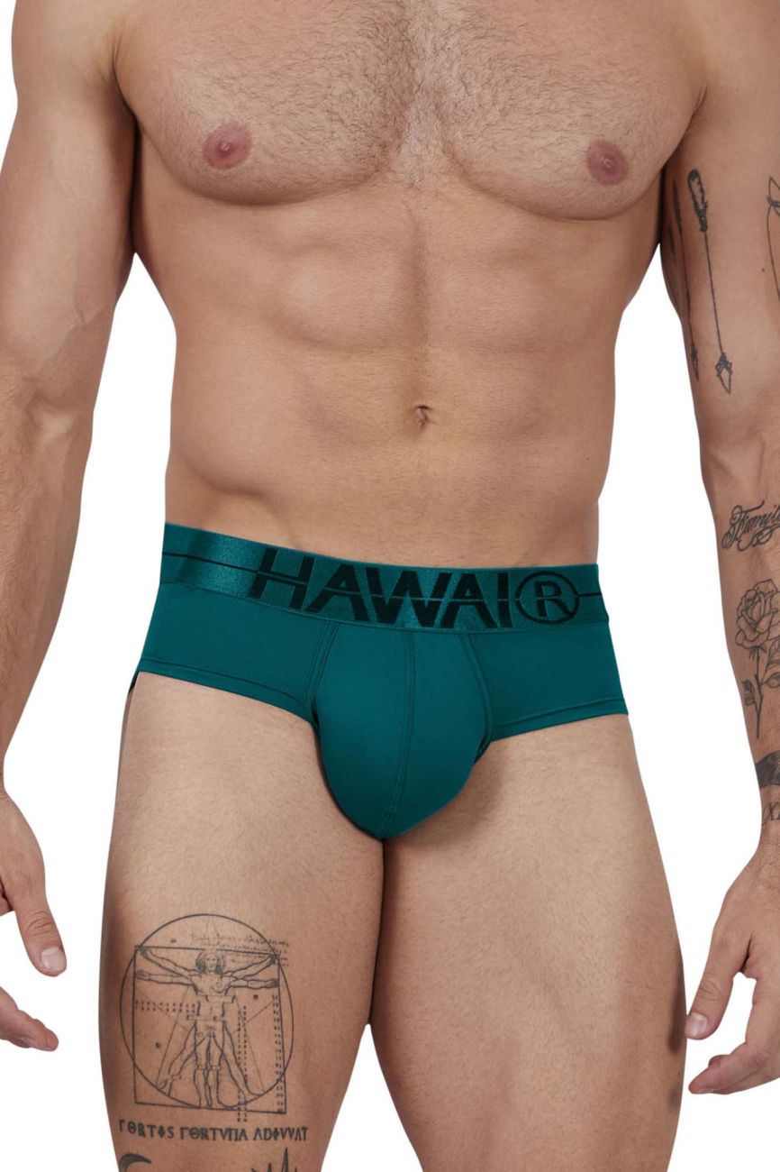 Teal hawai microfiber briefs in green with a black logo band showcasing the front side design