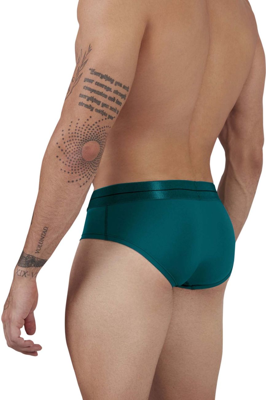 Teal satin microfiber briefs with smooth glossy finish and sleek form-fitting design in green color