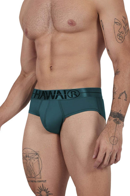 Teal green hawaI microfiber men’s briefs with black waistband and hawaI logo for comfortable everyday wear