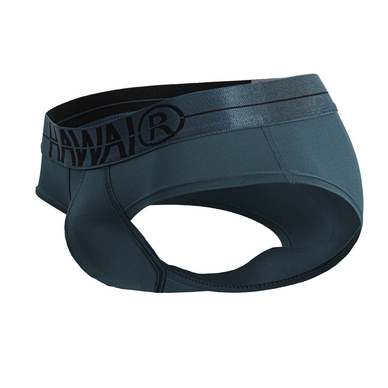 Dark gray Hawai brand men’s microfiber briefs with black elastic waistband featuring the logo in green color