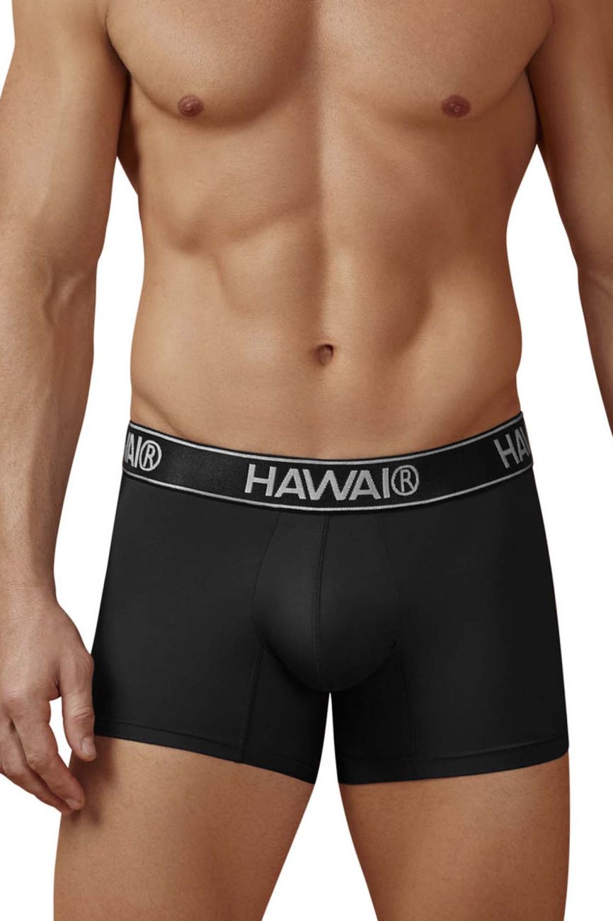 Black hawai brand microfiber boxer briefs in black with a white logo waistband for comfortable everyday wear