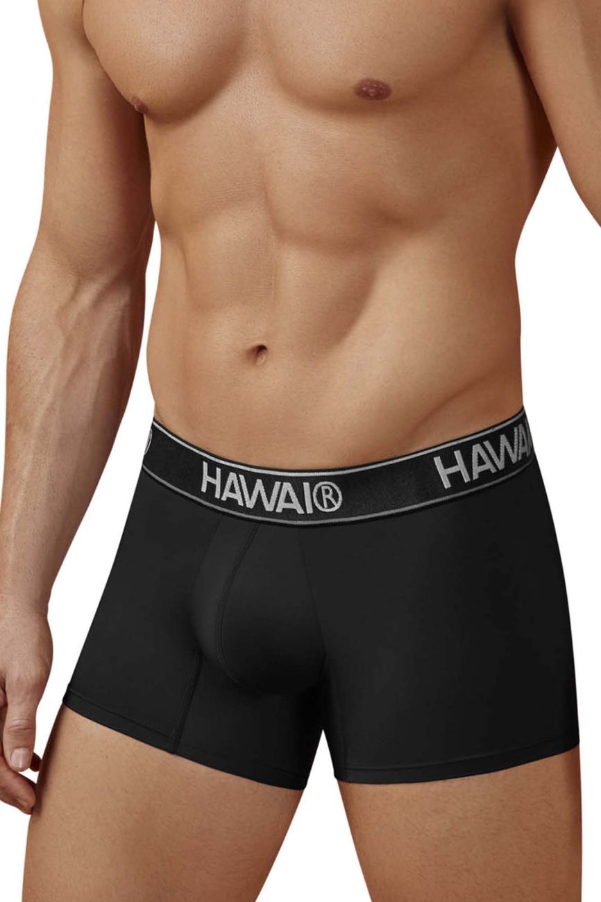 Black Hawai 41977 microfiber men’s boxer briefs in black with a gray waistband featuring white brand lettering