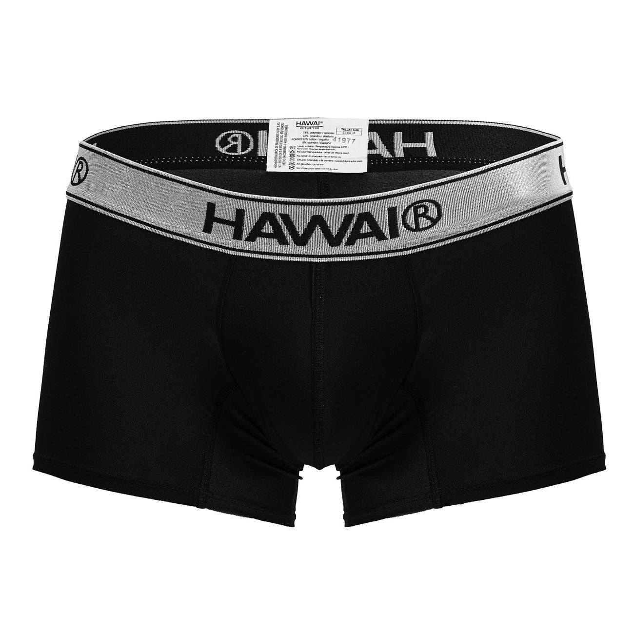 Black hawai 41977 microfiber men’s boxer briefs in black with a silver-striped elastic waistband
