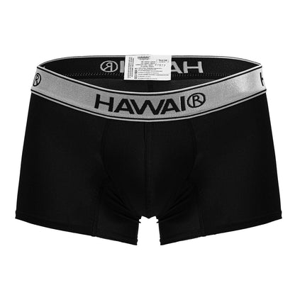 Black hawai 41977 microfiber men’s boxer briefs in black with a silver-striped elastic waistband