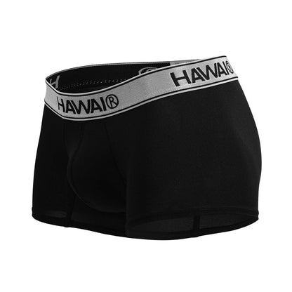 Black hawai microfiber trunks in black with gray waistband featuring black brand name lettering