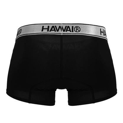Black hawai 41977 microfiber boxer briefs in black with a silver waistband and bold black lettering