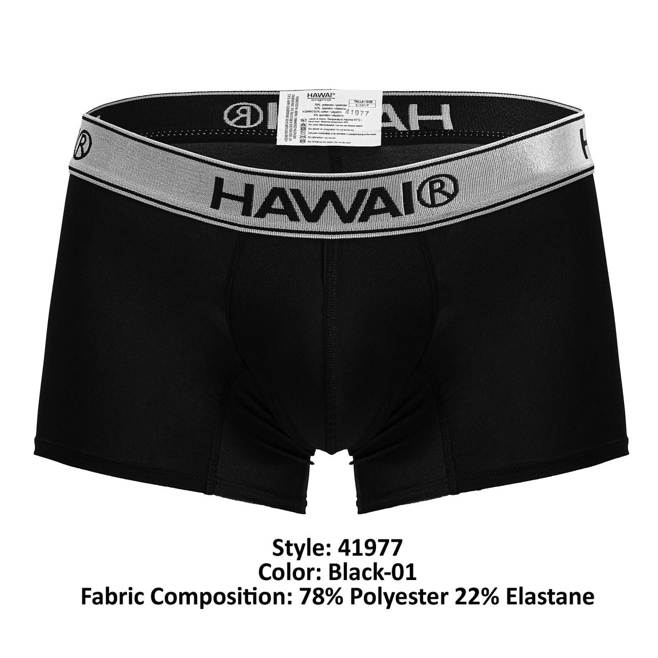Black hawaii microfiber boxer briefs in black with a silver-striped elastic waistband for comfortable wear