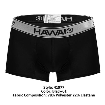 Black hawaii microfiber boxer briefs in black with a silver-striped elastic waistband for comfortable wear