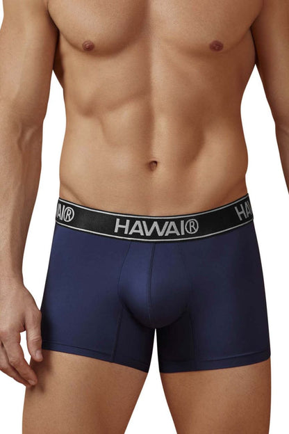 Navy blue hawaii brand microfiber trunks with black waistband and white lettering in dark blue color