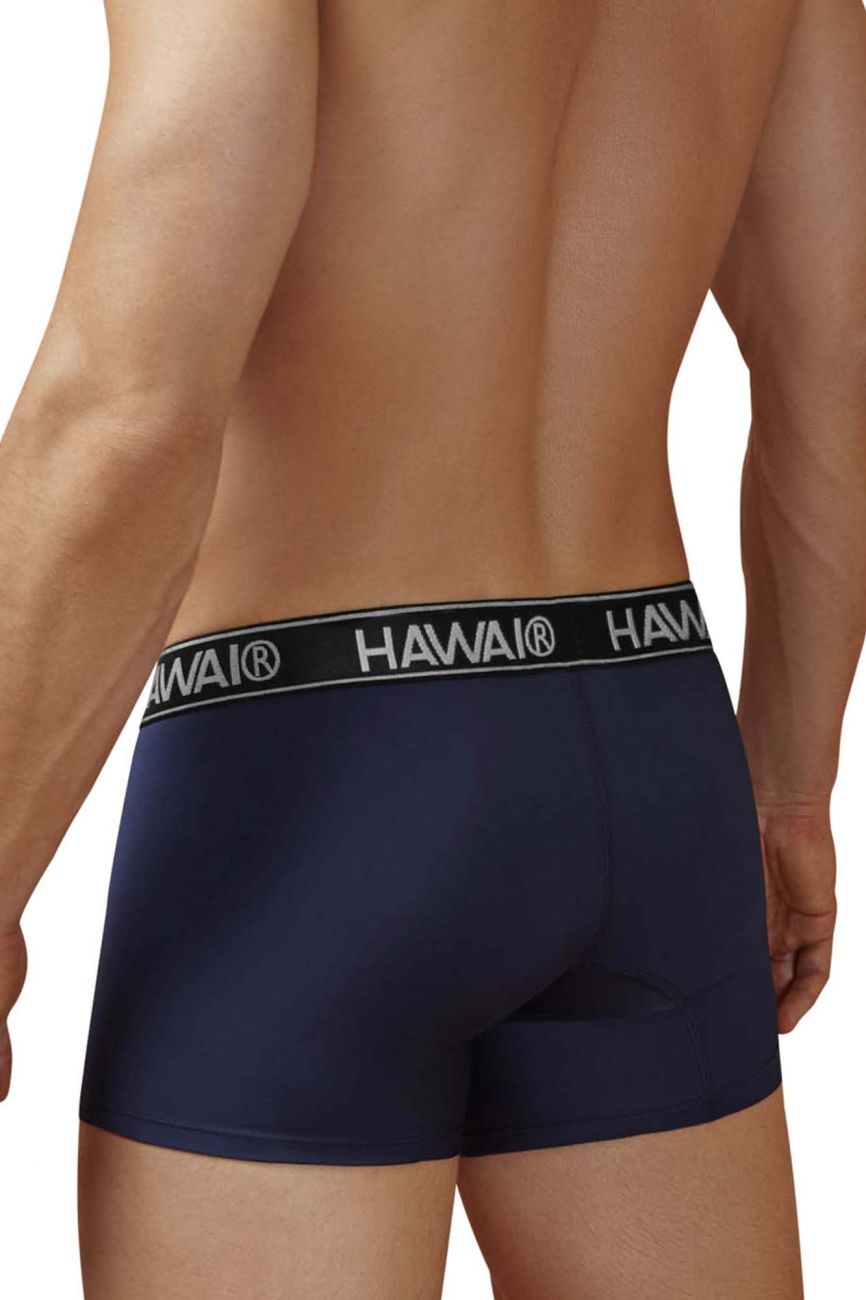 Navy blue hawaii microfiber briefs with black elastic waistband and white lettering in dark blue color