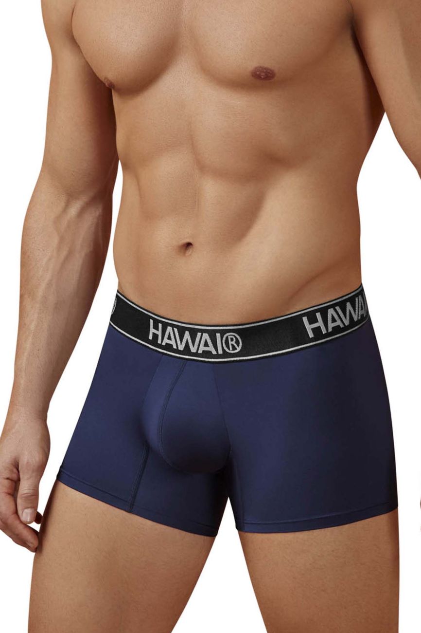 Navy blue hawaiian men’s microfiber boxer briefs with black waistband featuring white hawaii lettering and logo
