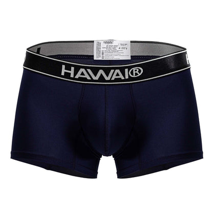 Navy blue hawaii microfiber boxer briefs with black elastic waistband featuring white lettering and trim