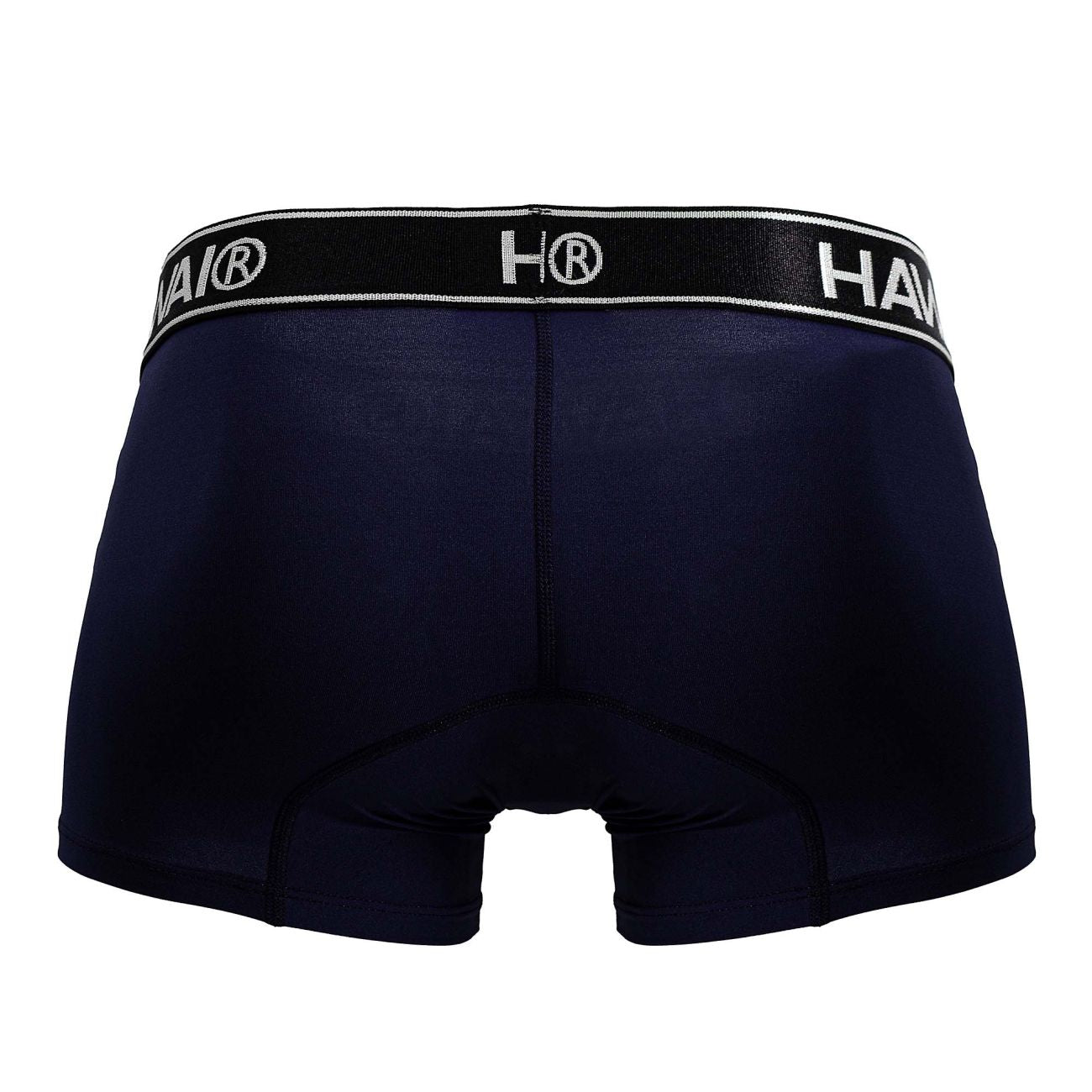Navy blue hai brand microfiber trunks with black elastic waistband featuring white lettering and logo in dark blue color