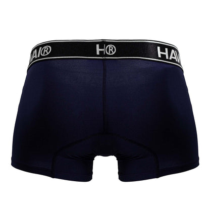 Navy blue hai brand microfiber trunks with black elastic waistband featuring white lettering and logo in dark blue color