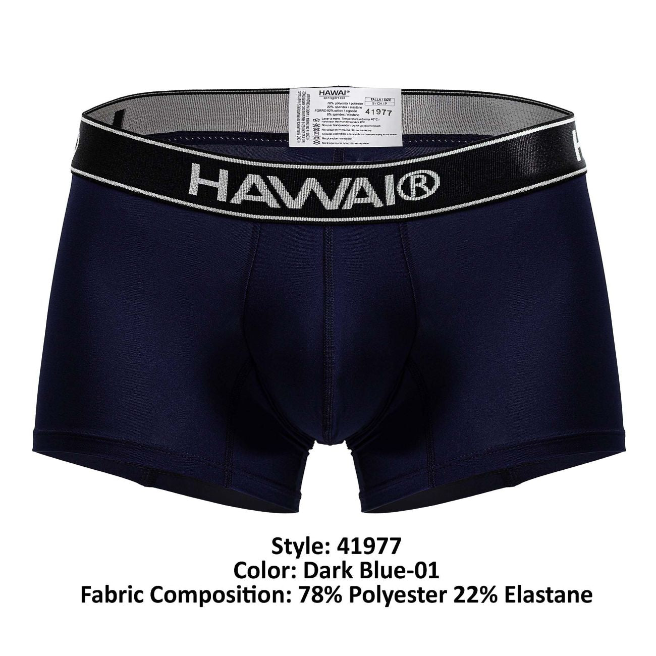 Dark blue Hawai 41977 microfiber boxer briefs with black waistband featuring white lettering and trim