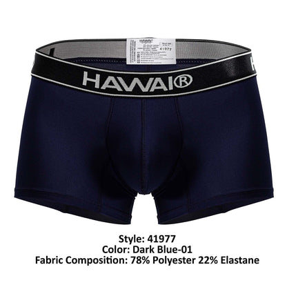 Dark blue Hawai 41977 microfiber boxer briefs with black waistband featuring white lettering and trim