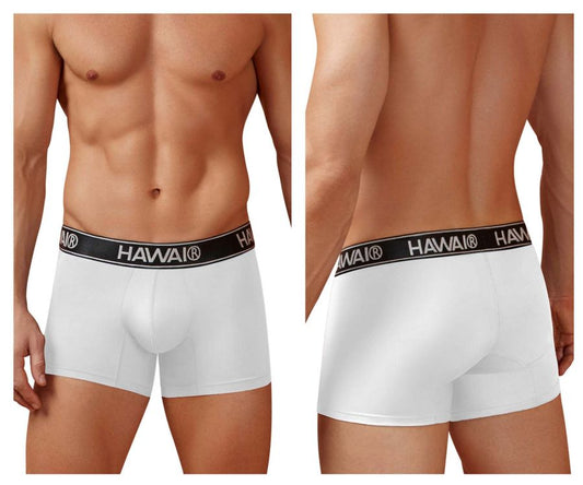 White hawaii microfiber boxer briefs with black elastic waistband and brand name in white lettering color white