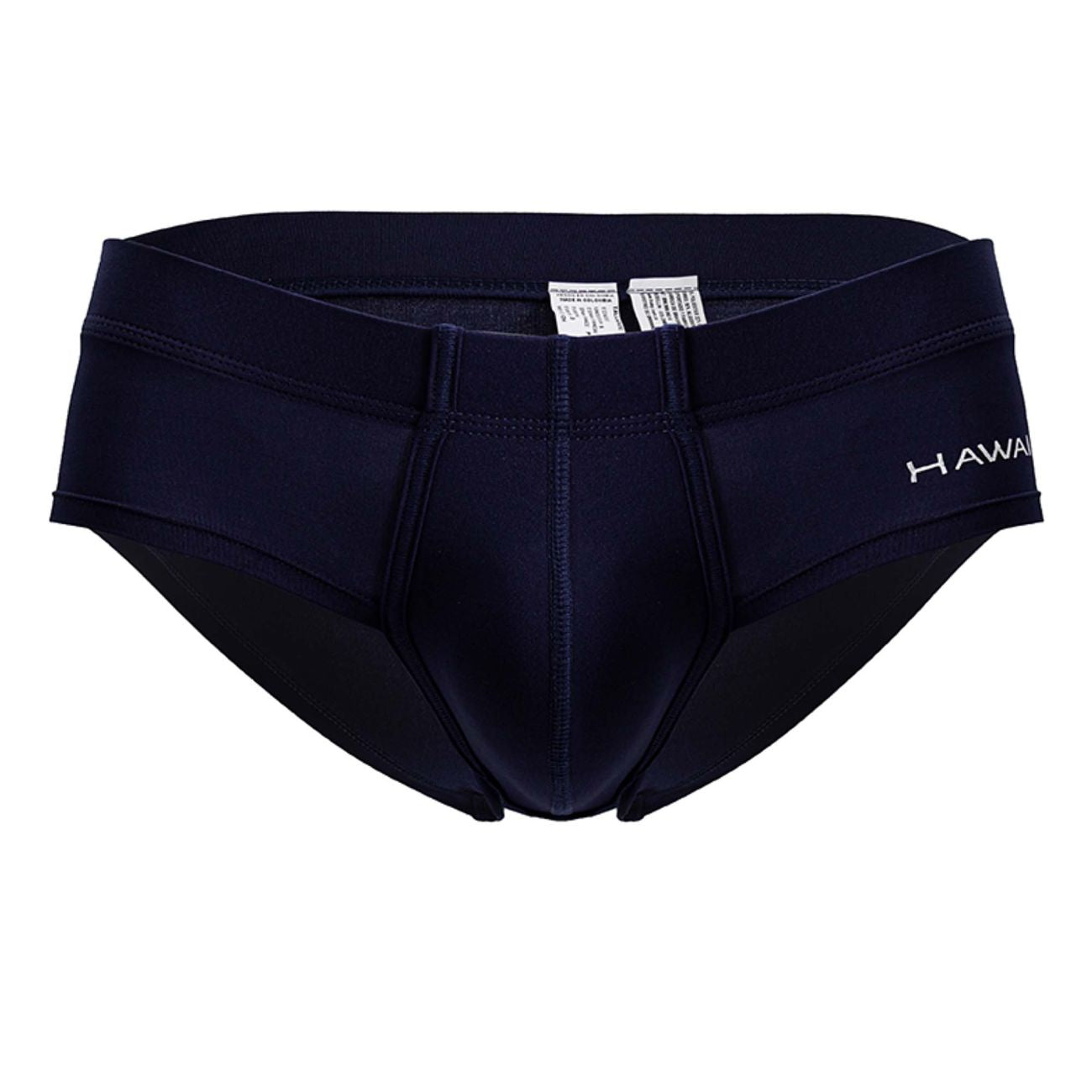 Navy blue microfiber swim trunks with a subtle white hawaii logo on the side from HAWAI 42241 briefs collection