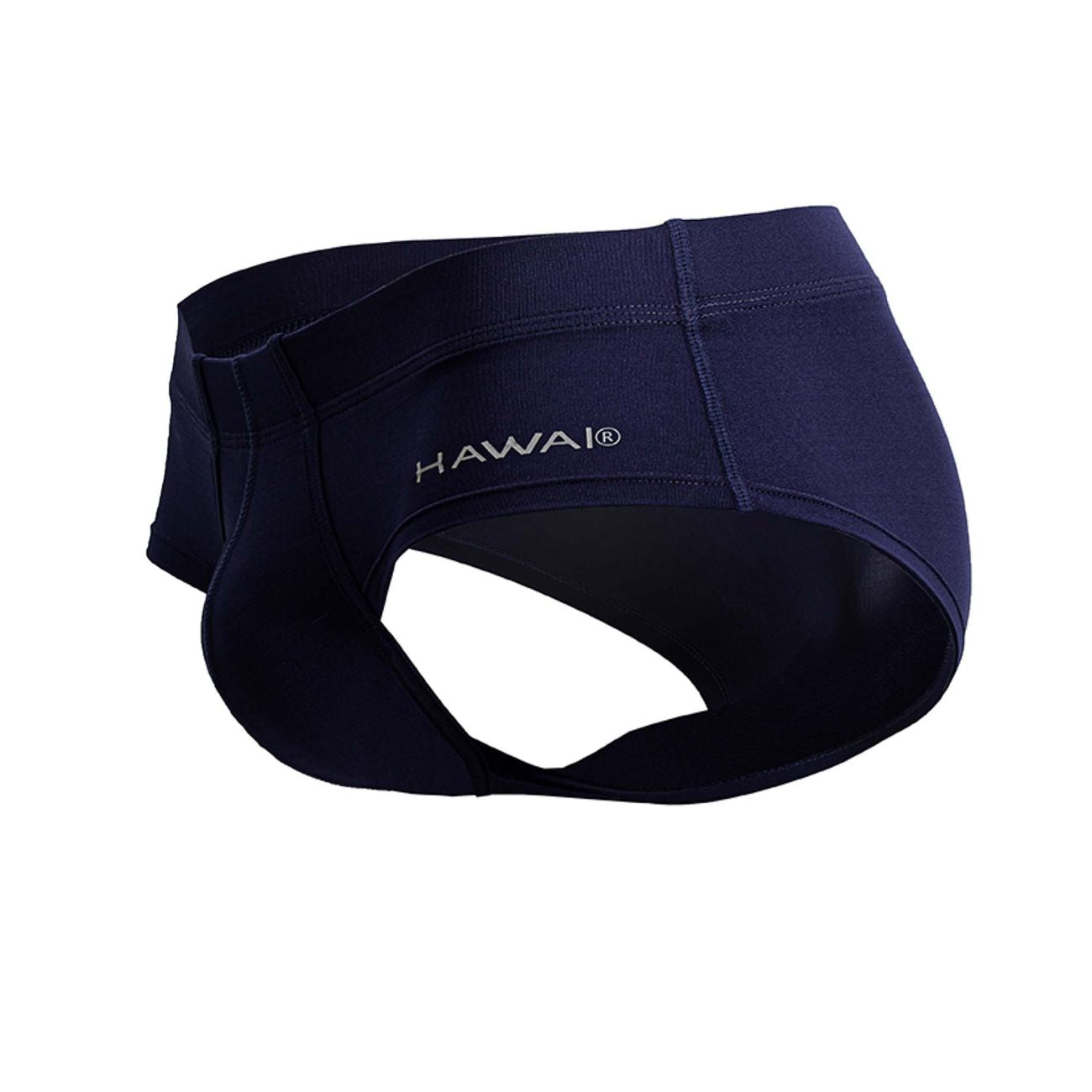 Navy blue hawai brand swim trunks in smooth stretchy microfiber with contoured design for comfortable wear