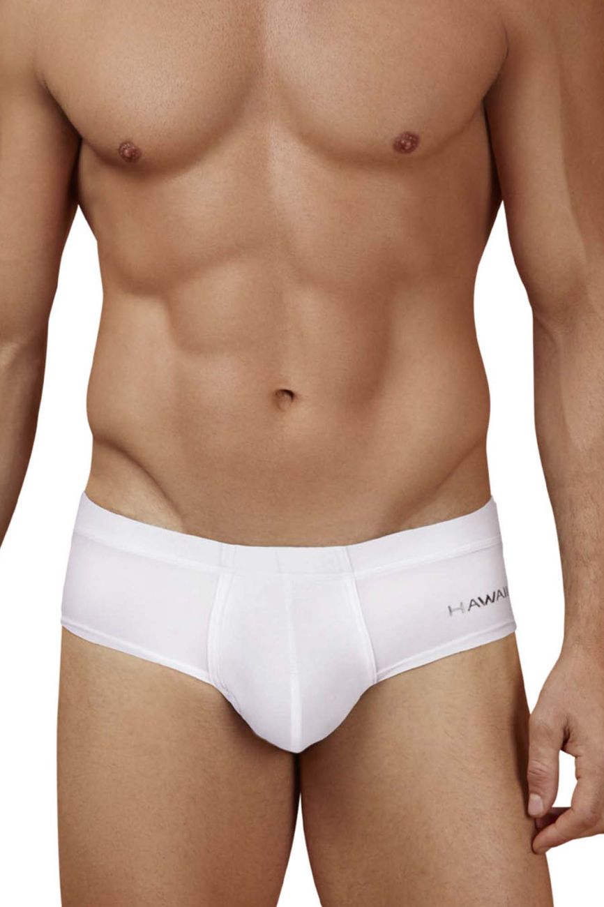 White men’s microfiber briefs in white with a subtle hawaii logo on the waistband for comfortable wear
