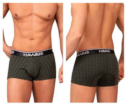 Dark green patterned boxer briefs with black hawai elastic waistband featuring white branding logo