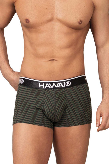 Dark green patterned boxer briefs with black waistband featuring hawaii brand name in white lettering and printed design