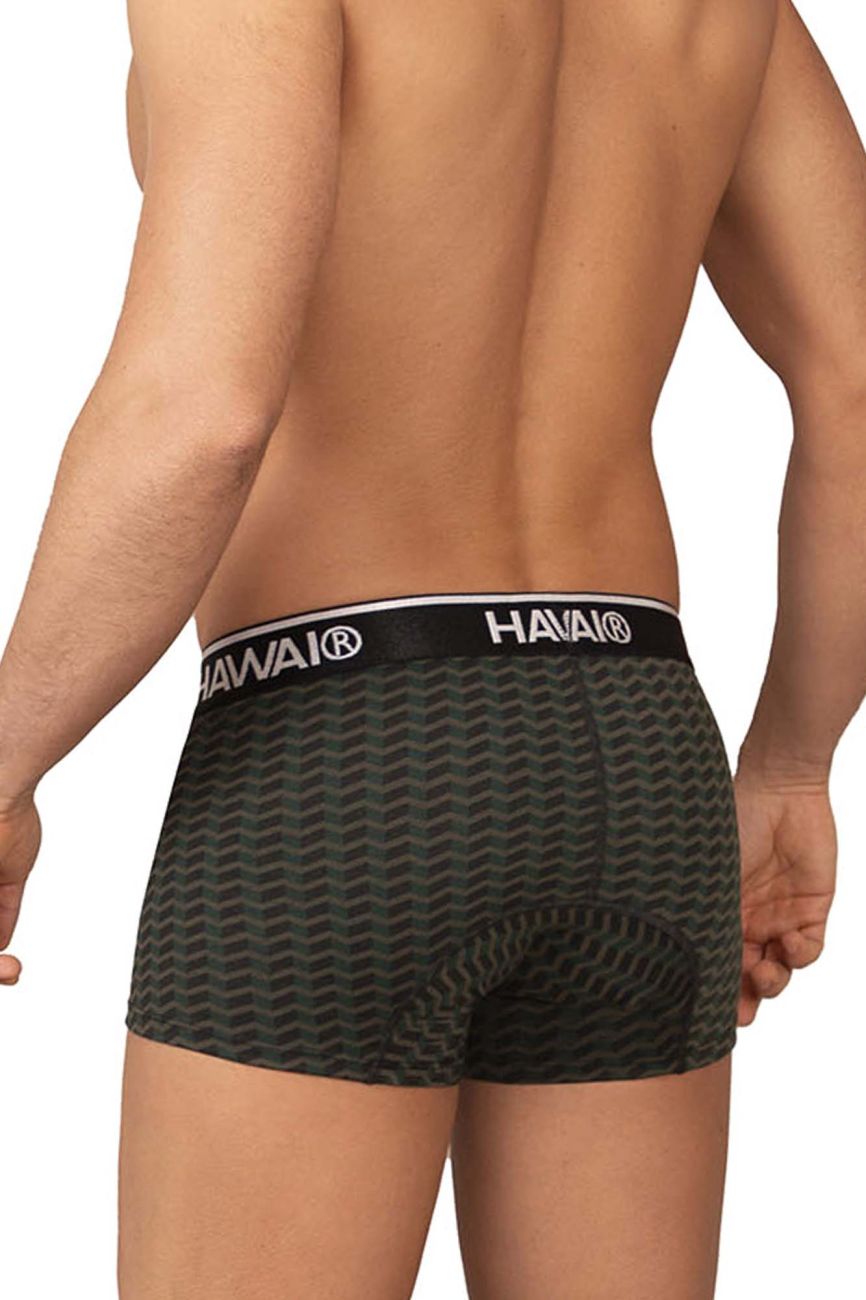 Dark green hawai 42371 printed trunks boxer briefs with subtle wavy pattern and black waistband with hawai logo