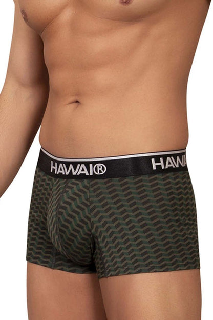 Dark green hawai 42371 printed trunks boxer briefs with black waistband and white hawaii logo in zigzag pattern