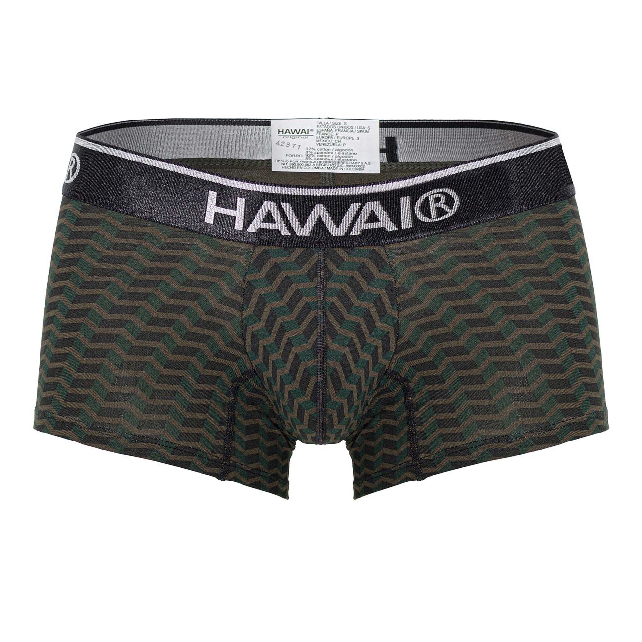 Hawaii 42371 green men’s boxer briefs with dark green and black geometric pattern and black waistband with white lettering