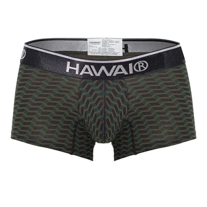 Hawaii 42371 green men’s boxer briefs with dark green and black geometric pattern and black waistband with white lettering