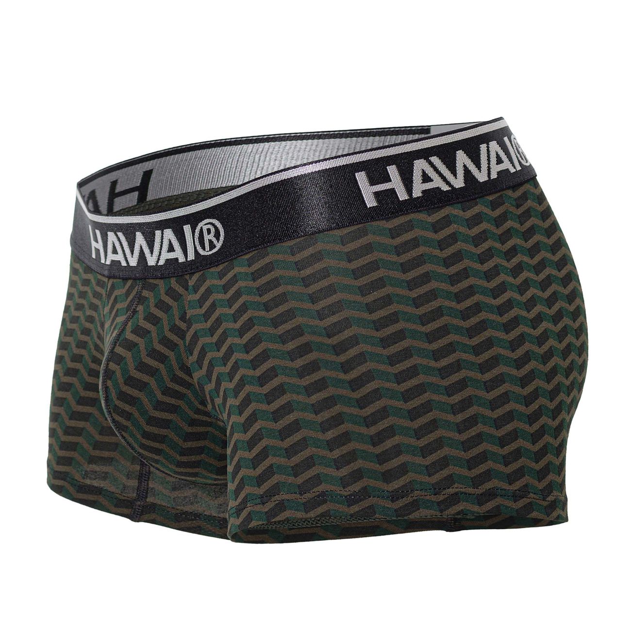 Dark green and gray chevron patterned hawaii 42371 printed men’s boxer briefs with black waistband in green color