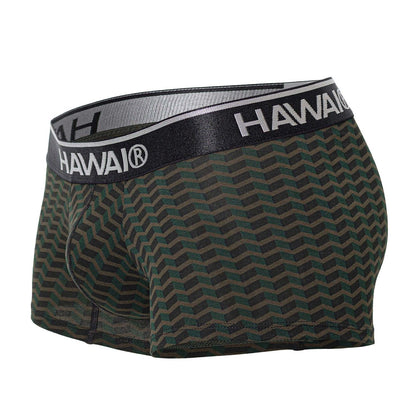 Dark green and gray chevron patterned hawaii 42371 printed men’s boxer briefs with black waistband in green color