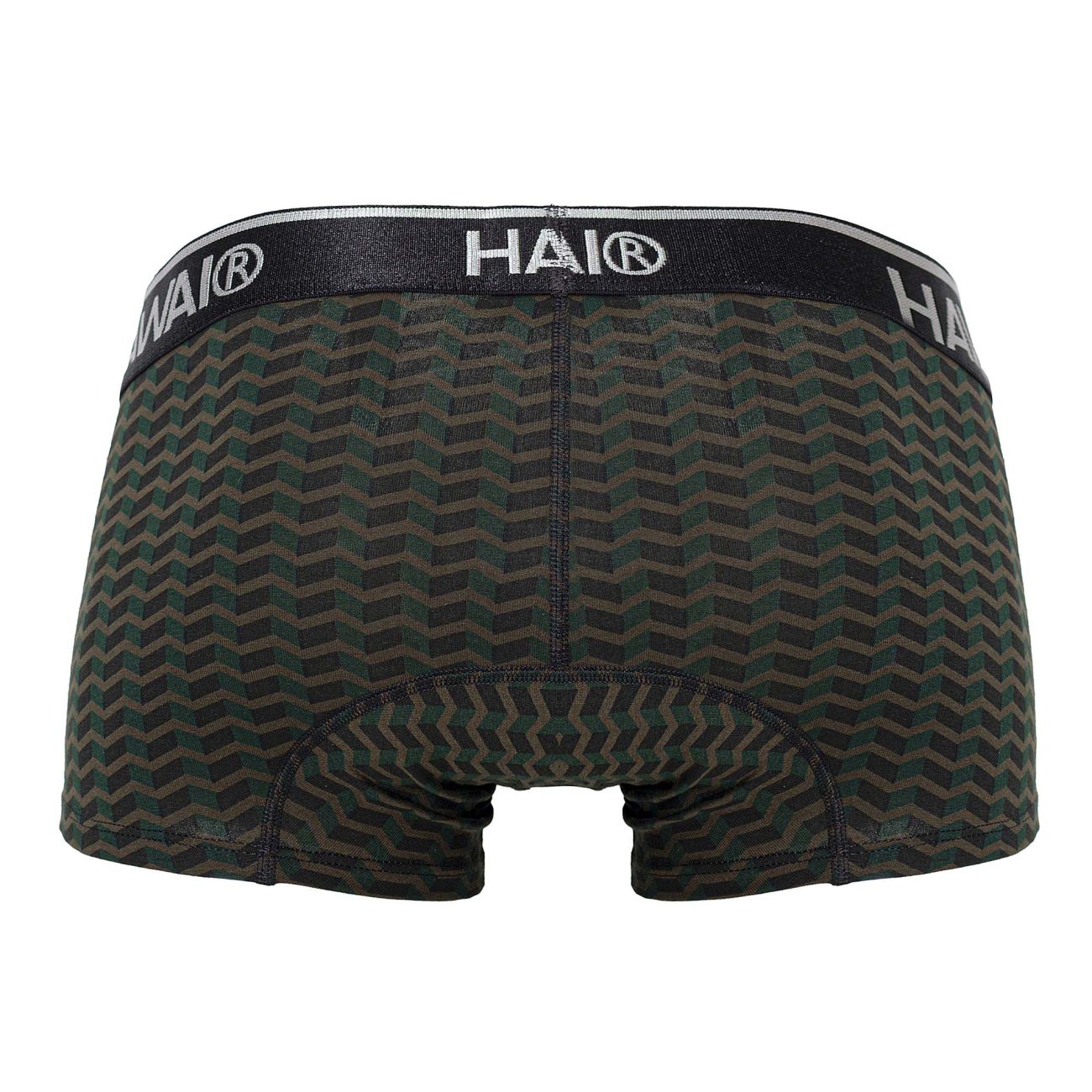 Hawai 42371 printed trunks boxer briefs in black and dark green chevron pattern with black waistband and white lettering