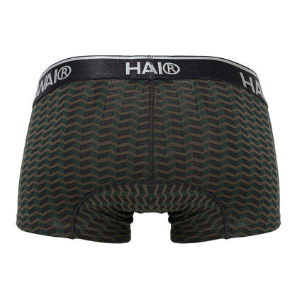 Hawai 42371 printed trunks boxer briefs in black and dark green chevron pattern with black waistband and white lettering