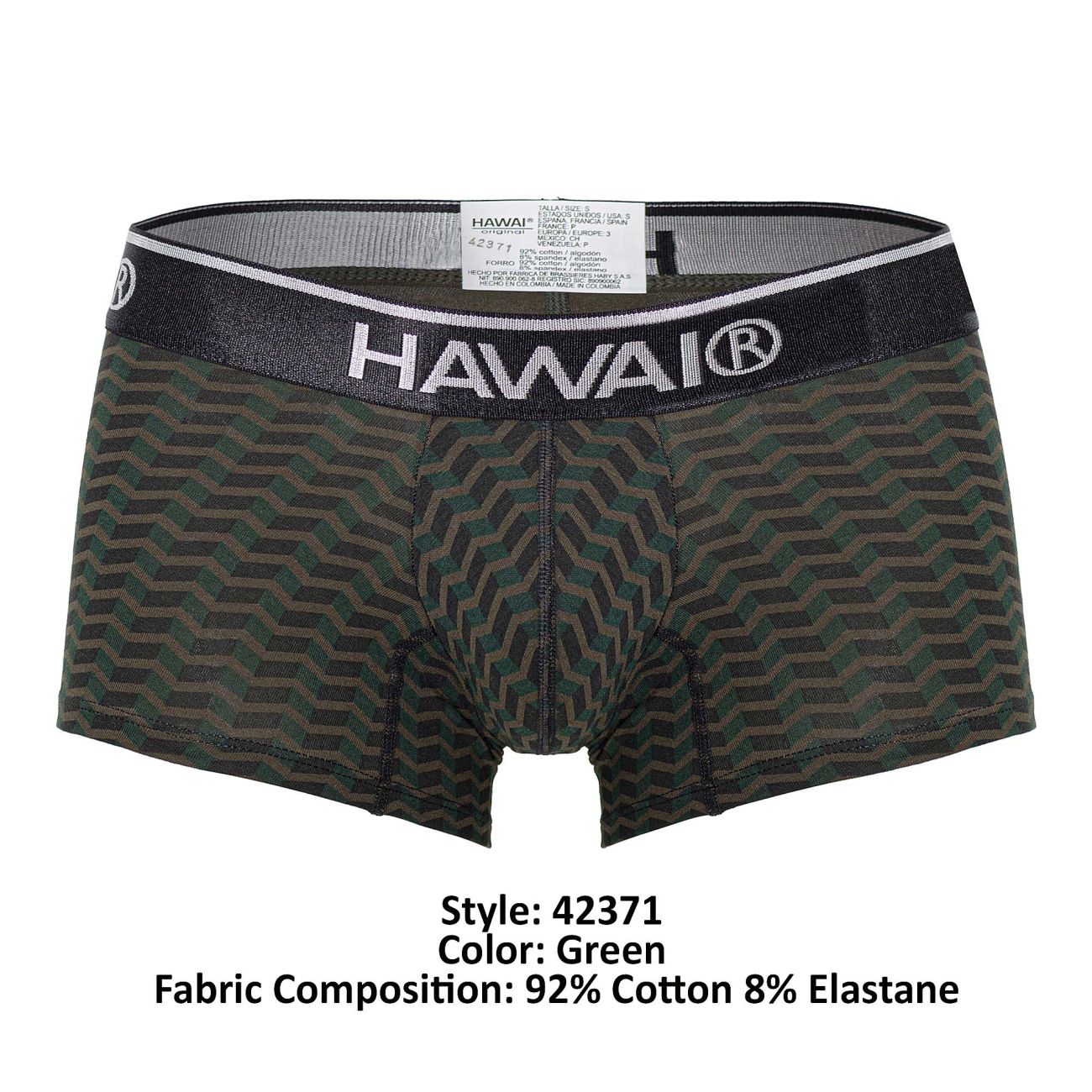 Green patterned hawaii 42371 printed trunks men’s boxer briefs with black waistband white lettering and trim