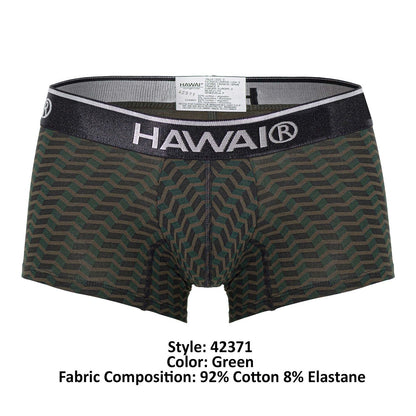 Green patterned hawaii 42371 printed trunks men’s boxer briefs with black waistband white lettering and trim