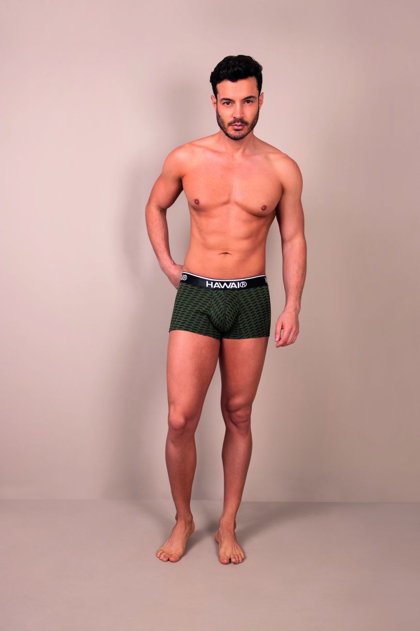 Dark green patterned hawa boxer briefs with black waistband in green printed trunks hawa 42371 design