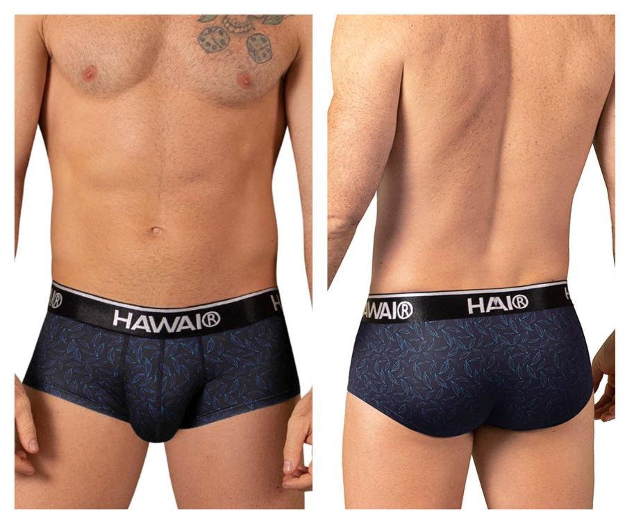 Navy blue hawaii 42380 boxer briefs with subtle leaf pattern and black elastic waistband featuring hawai brand logo