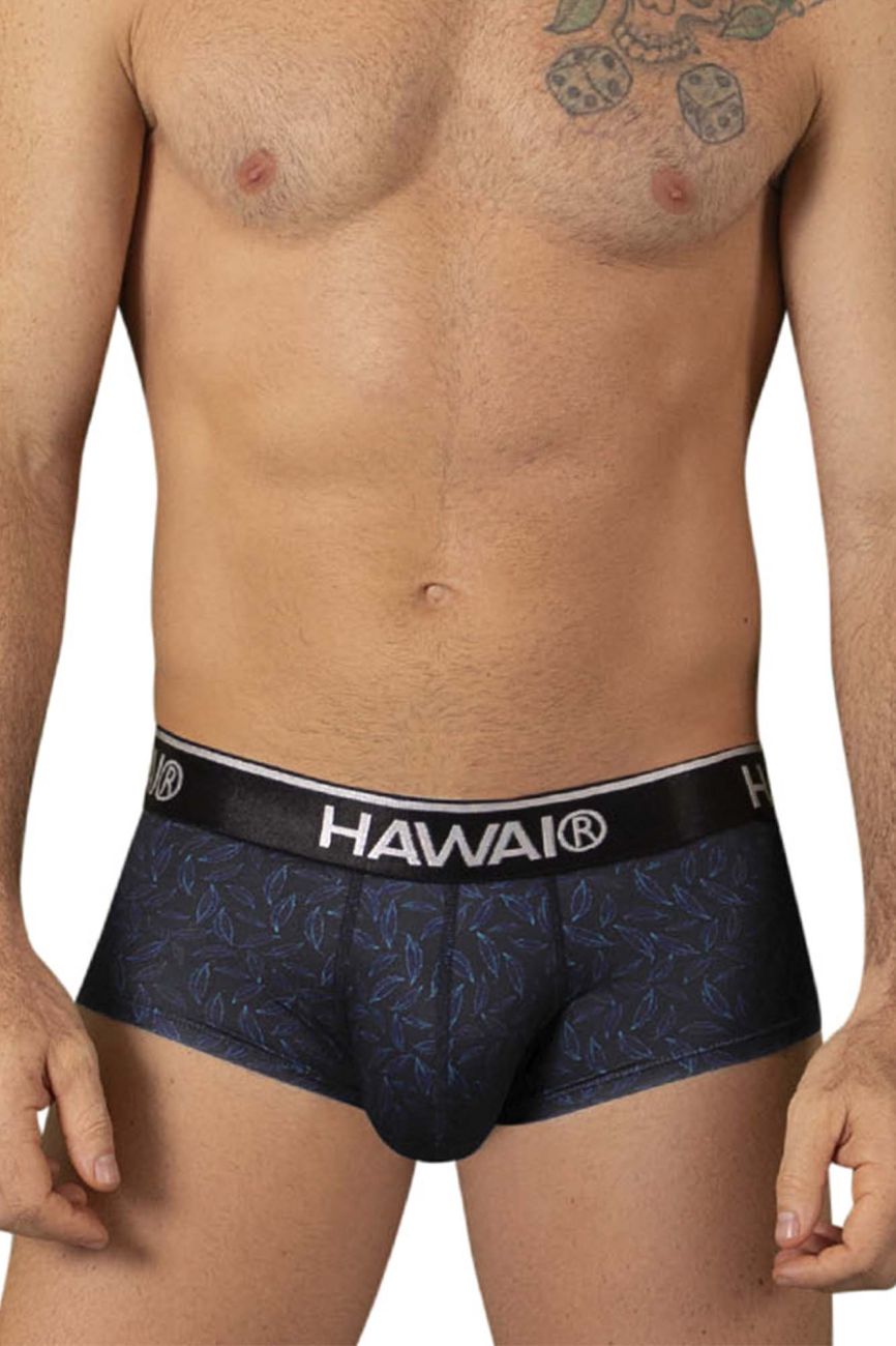 Black hawai 42380 printed briefs in black with subtle blue leaf pattern and white branding on waistband