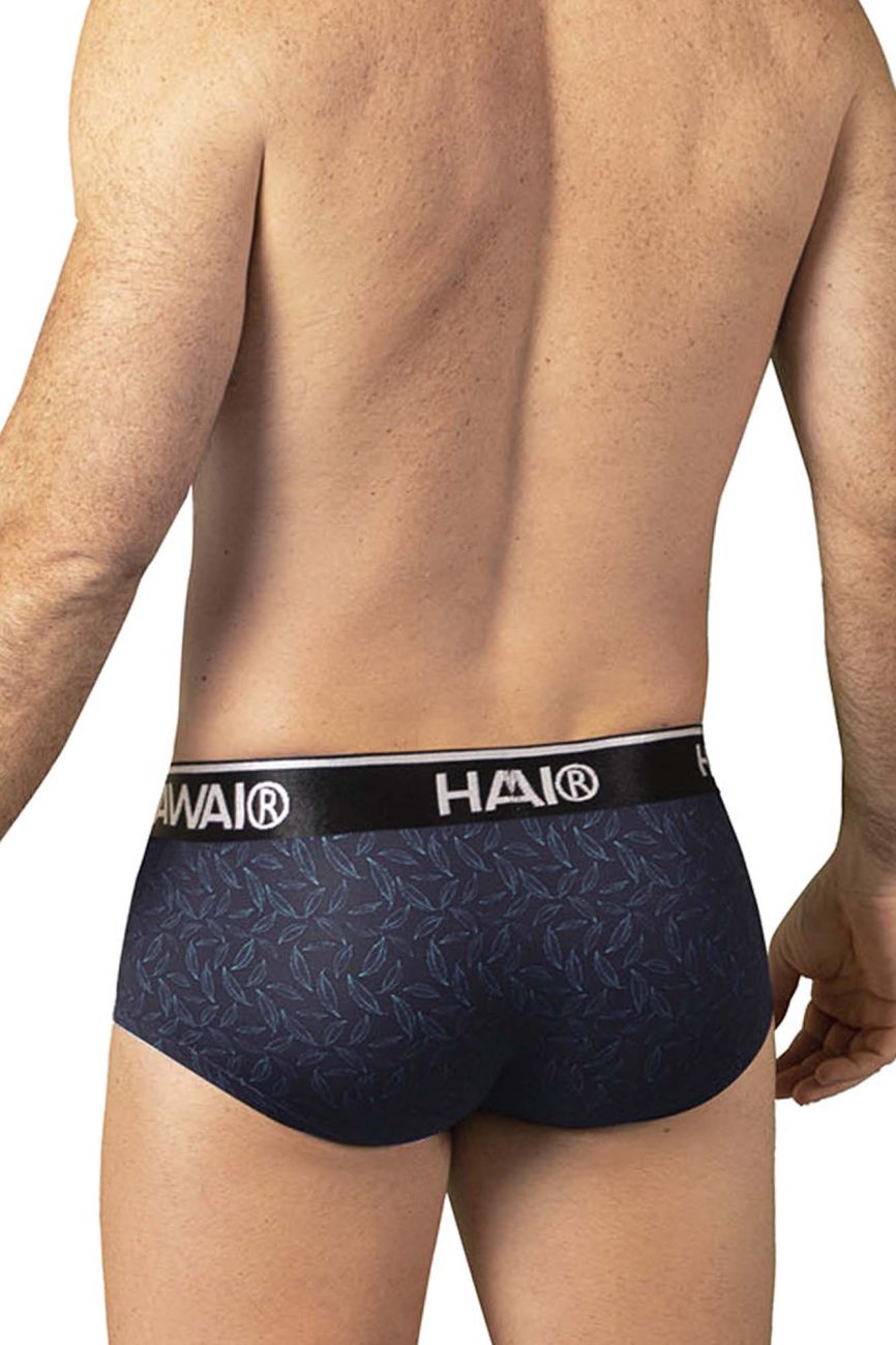 Dark navy blue hai briefs with subtle leaf pattern and black elastic waistband in hawai 42380 printed briefs black