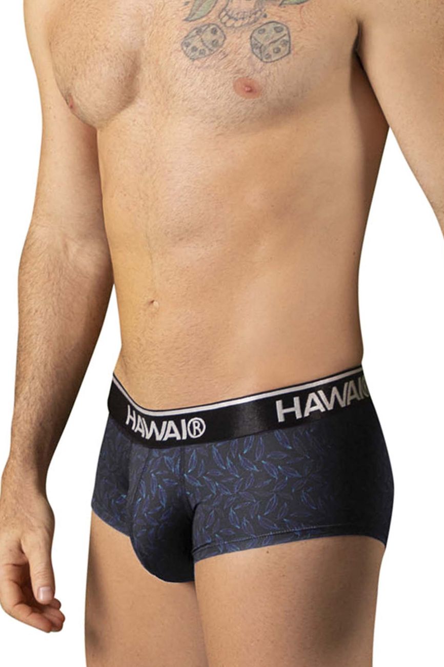Black Hawai 42380 printed boxer briefs in black with a subtle blue leaf pattern and a white logo waistband