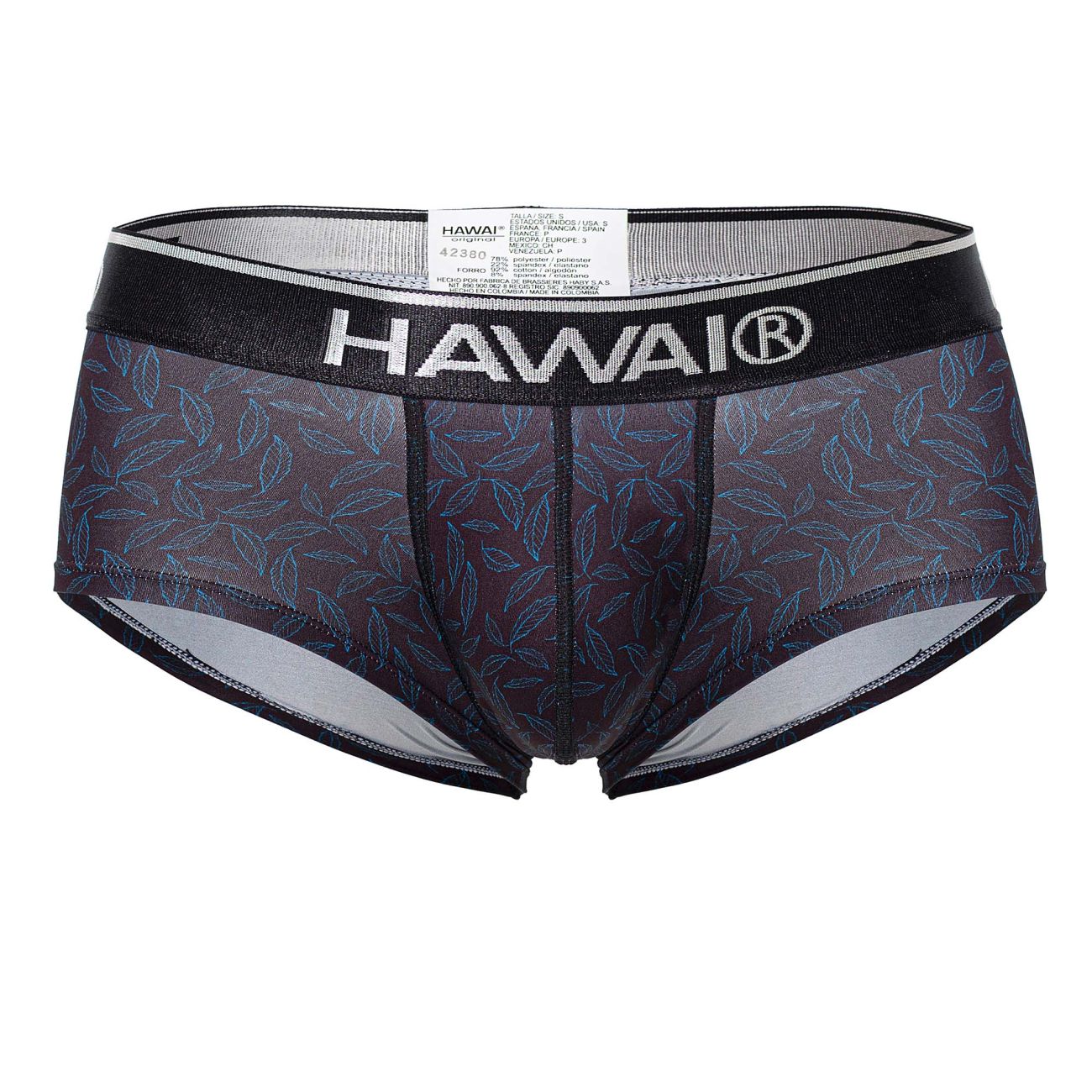 Hawai 42380 black printed briefs with sheer dark gray fabric, intricate blue leaf pattern, and black trim for men
