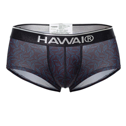 Hawai 42380 black printed briefs with sheer dark gray fabric, intricate blue leaf pattern, and black trim for men