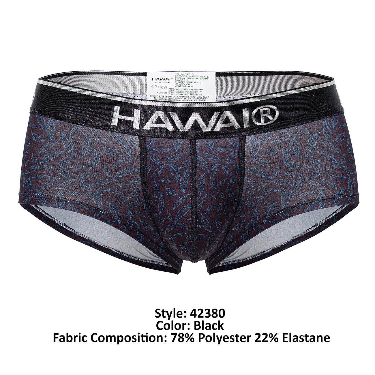 Black hawaii 42380 printed men’s briefs in black with sheer leaf-patterned fabric and black elastic waistband