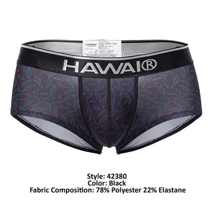 Black hawaii 42380 printed men’s briefs in black with sheer leaf-patterned fabric and black elastic waistband