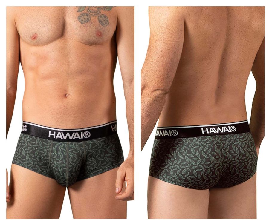 Hawai 42380 printed briefs in dark green with Hawaiian pattern and black waistband featuring Hawaii brand name