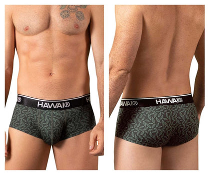 Hawai 42380 printed briefs in dark green with Hawaiian pattern and black waistband featuring Hawaii brand name